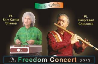 An image depicting THE INDIA FREEDOM CONCERT MELBOURNE 2010 featuring Pandit Hariprasad Chaurasia & Pandit Shiv Kumar Sharma